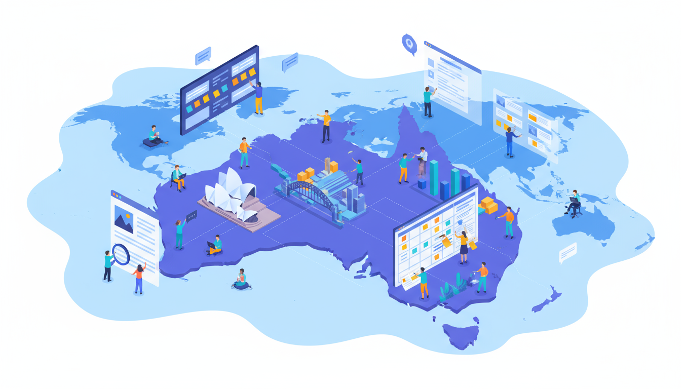 A flat Illustration map over australia with sydney landmarks with multiple teams working together on a kanban board, writing documents in a wiki and planning project using a project plan. A flat Illustration map over australia with sydney landmarks with multiple teams working together on a kanban board, writing documents in a wiki and planning project using a project plan.